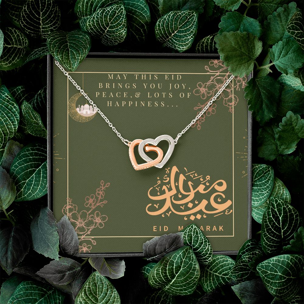 Eid Mubarak Two Heart Interlocking Necklace (Yellow & White Gold Variant) Gift For Her