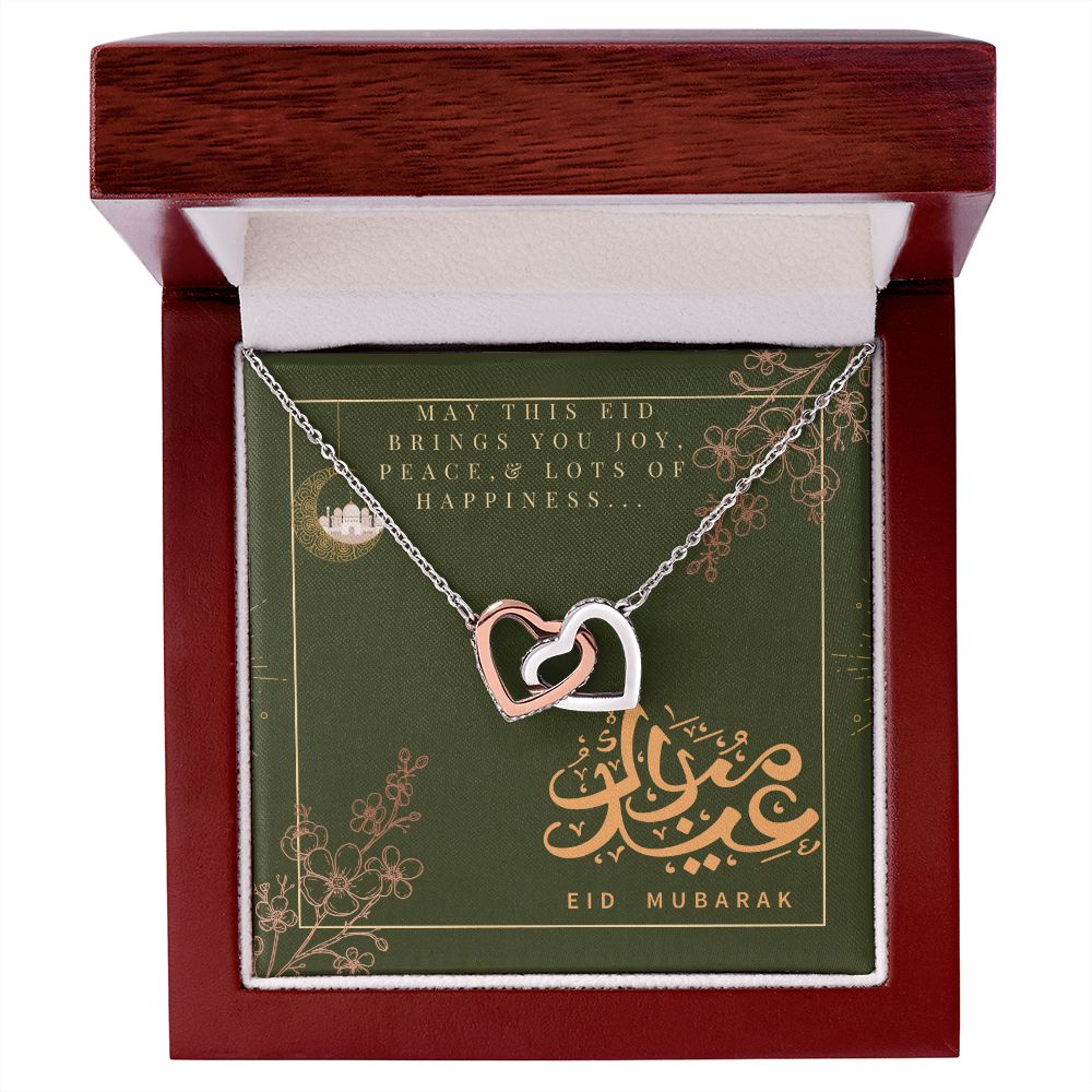 Eid Mubarak Two Heart Interlocking Necklace (Yellow & White Gold Variant) Gift For Her
