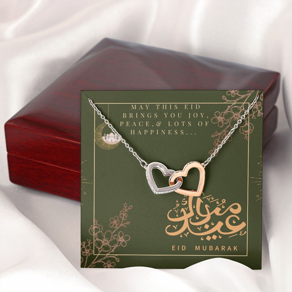 Eid Mubarak Two Heart Interlocking Necklace (Yellow & White Gold Variant) Gift For Her