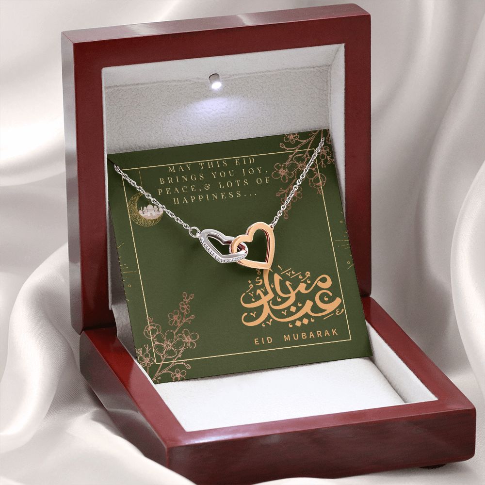 Eid Mubarak Two Heart Interlocking Necklace (Yellow & White Gold Variant) Gift For Her