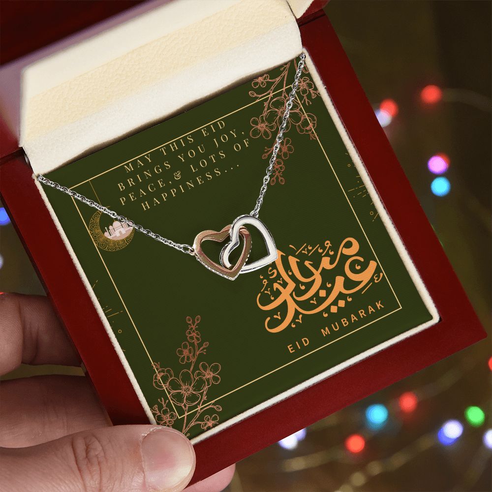 Eid Mubarak Two Heart Interlocking Necklace (Yellow & White Gold Variant) Gift For Her