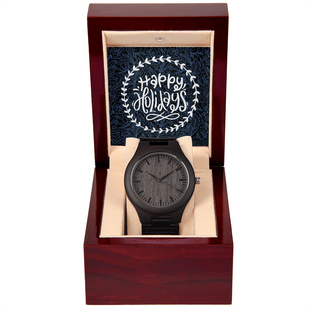 Happy Holidays Black Leather Strap Wooden Watch Gift For Him