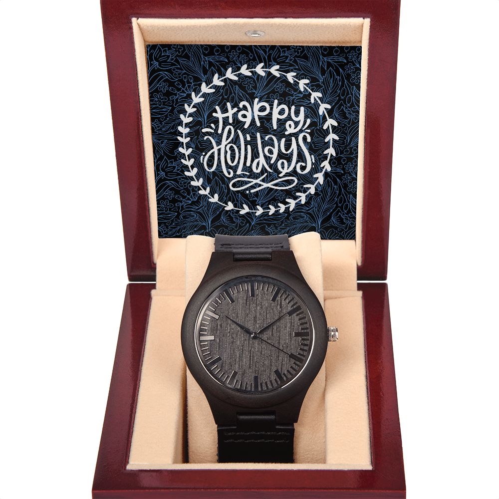 Happy Holidays Black Leather Strap Wooden Watch Gift For Him