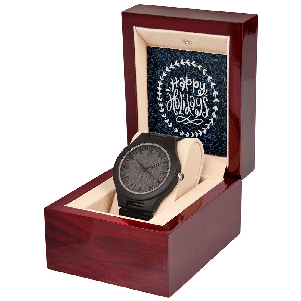 Happy Holidays Black Leather Strap Wooden Watch Gift For Him