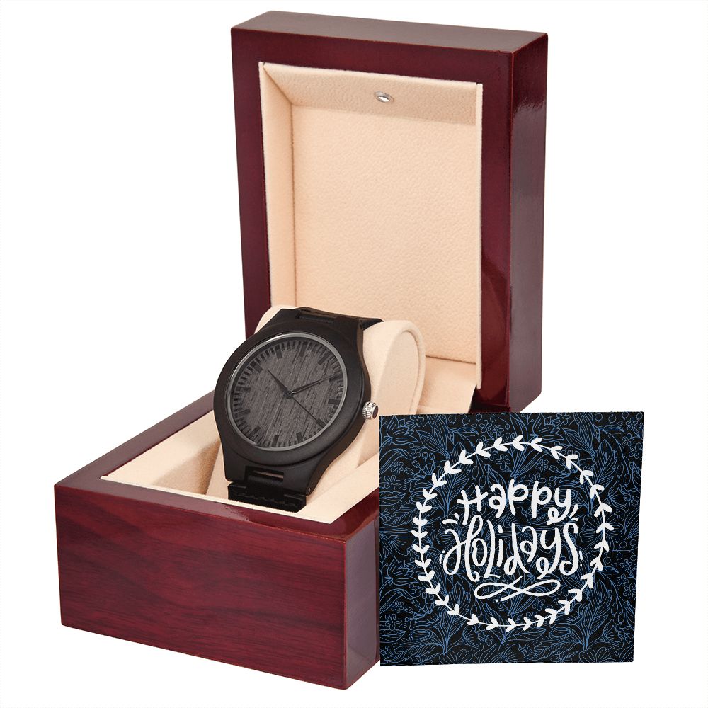 Happy Holidays Black Leather Strap Wooden Watch Gift For Him