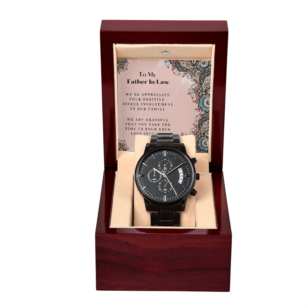 To My Father In Law Black Chronograph Watch Gift With Loving Note