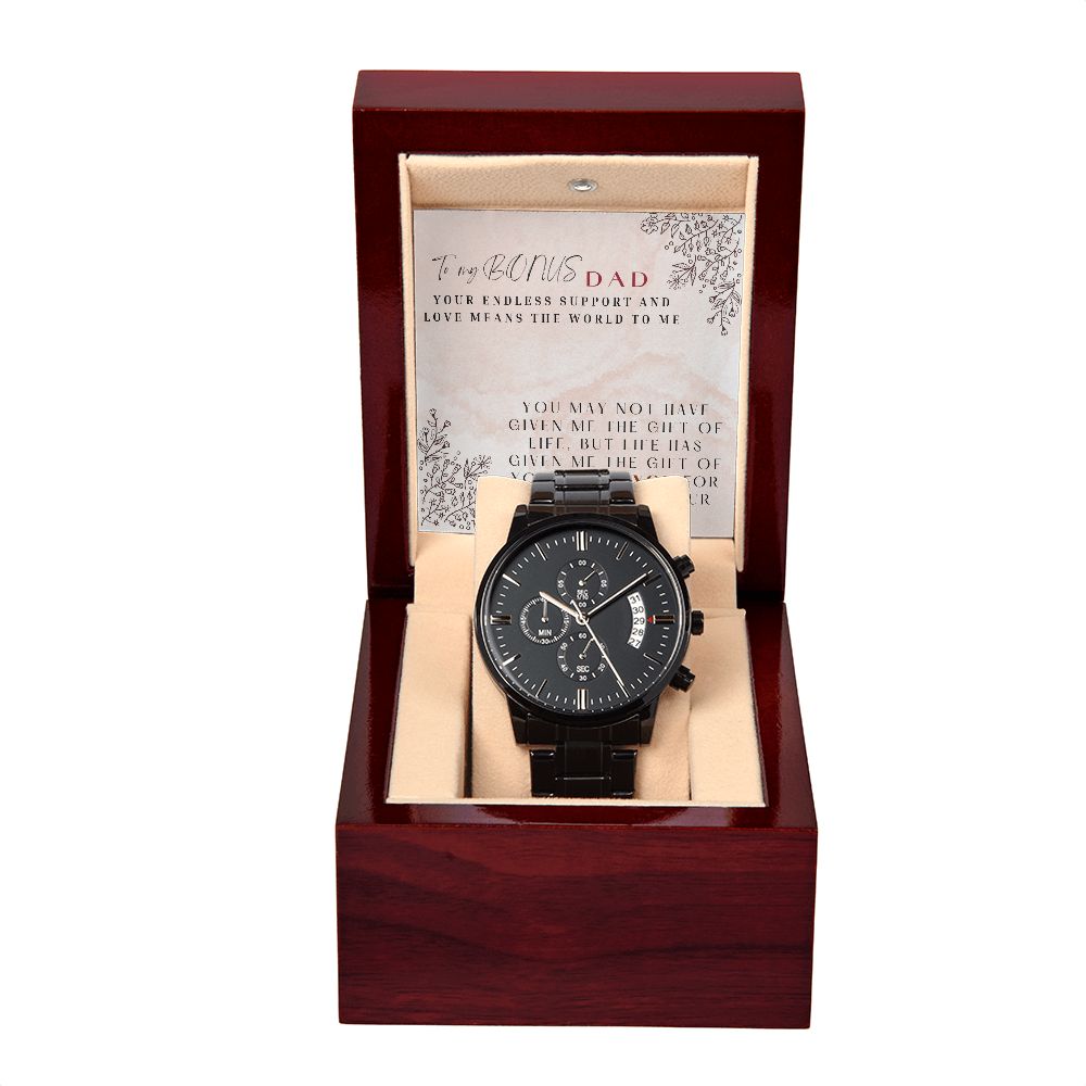 To My Bonus Dad Black Chronograph Watch Gift for Step Fathers