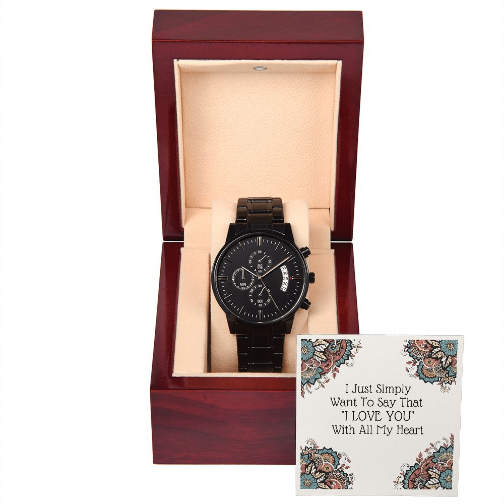 Black Chronograph Watch Gift For Him with "I Love You" Note