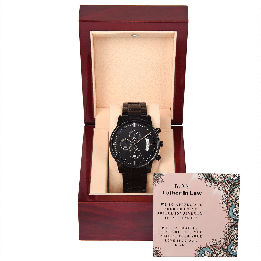 To My Father In Law Black Chronograph Watch Gift With Loving Note
