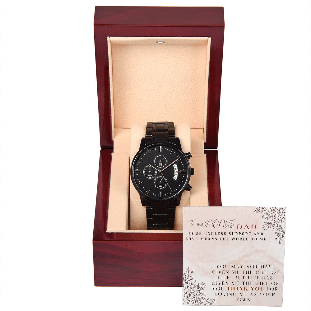 To My Bonus Dad Black Chronograph Watch Gift for Step Fathers