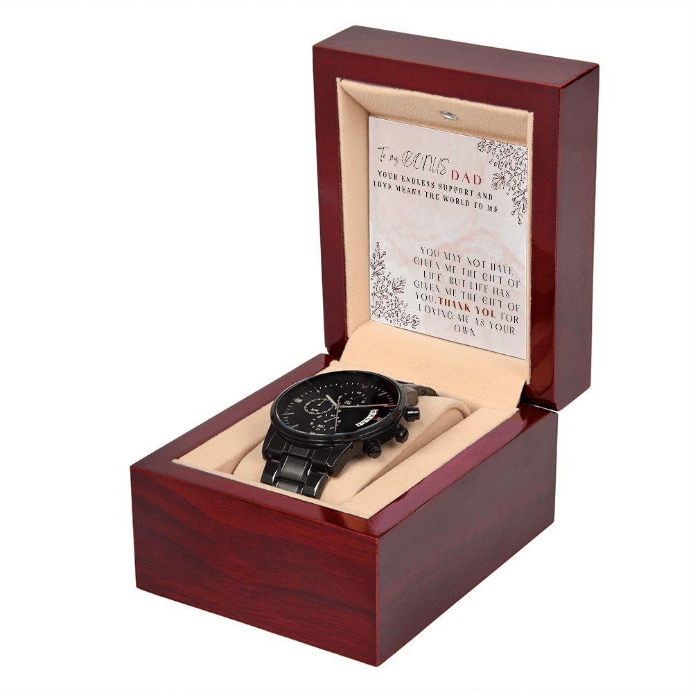 To My Bonus Dad Black Chronograph Watch Gift for Step Fathers