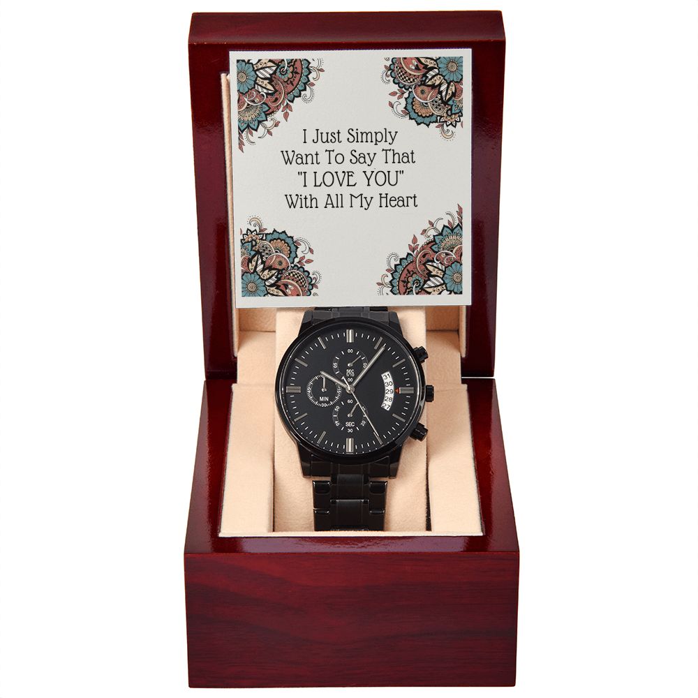 Black Chronograph Watch Gift For Him with "I Love You" Note